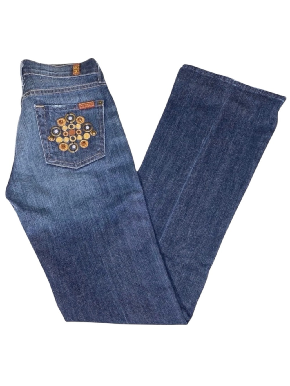 new 7 For All Mankind® ☯︎︎ Gold Medallion Embroidered Bootcut Jeans ☯︎︎ NY Dark - Picture 7 of 17